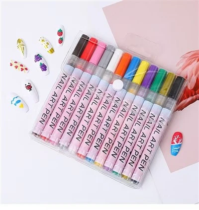 Rigelig 0.5 mm Akryl Nail Art-penne – Hurtig farvning med 12 livlige farver